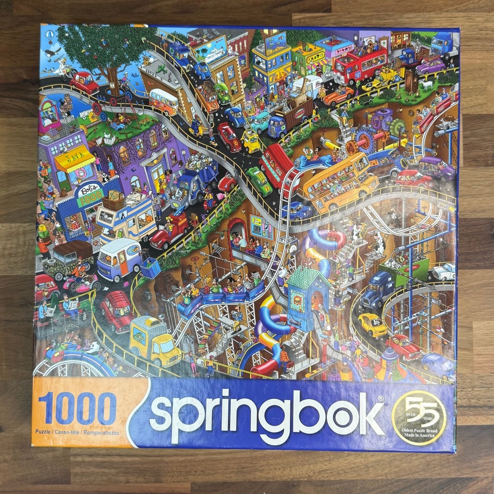 Springbok 1000 Piece Jigsaw Puzzle Busy City Cartoon Metropolis 24x30 USA Made